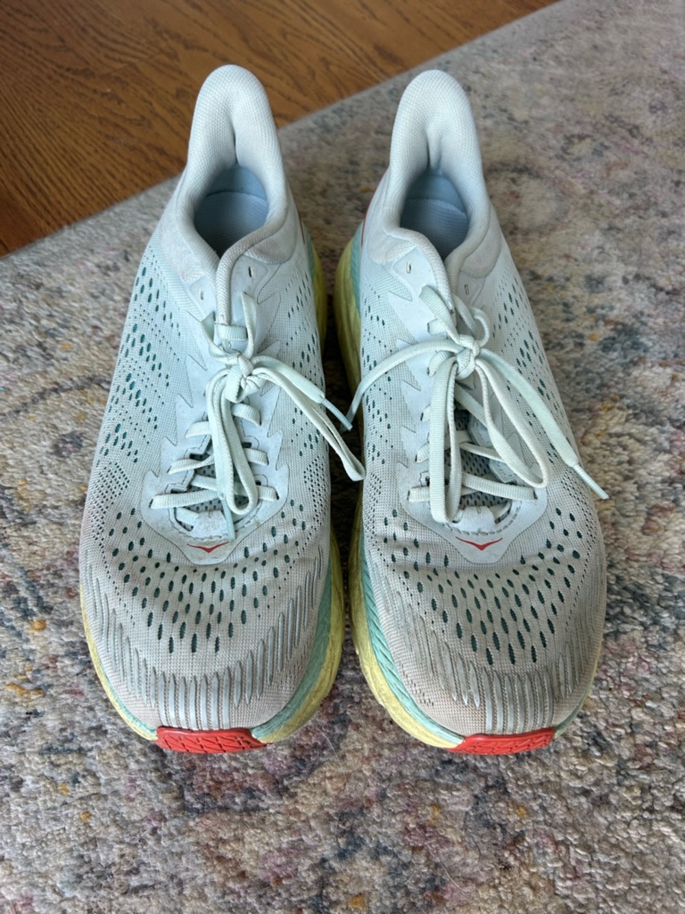 Hoka Women's Pale Blue Athletic Running Shoes with Yellow & Coral Accents
